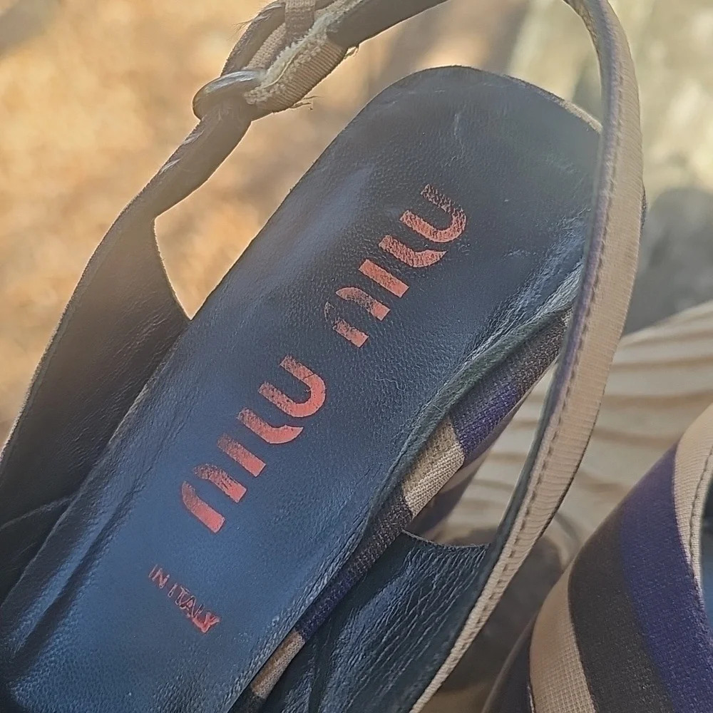 Vintage Miu Miu Striped Calzature Donna Fabric Coated Peep Toe Heels Sz 39